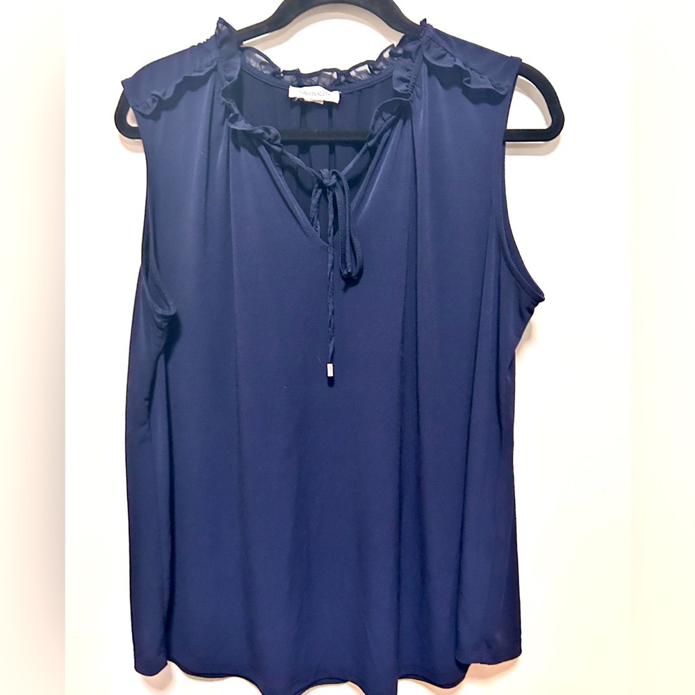 Calvin Klein Navy Blue Ruffled Shoulders and Neck,  Sleeveless Whimsical Top XL
